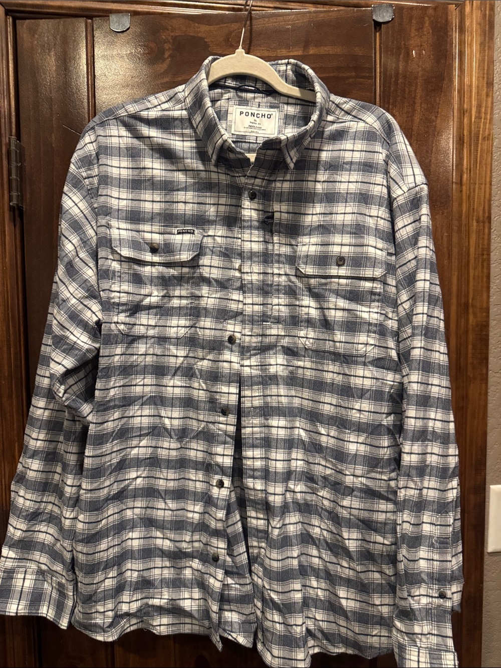 Poncho Men's Flannel Navy and White Plaid Button-Down Shirt